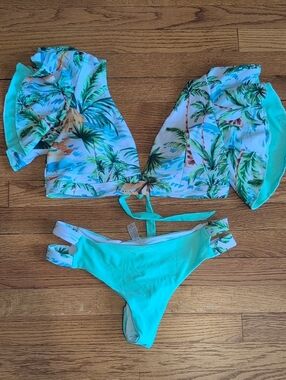 Ruffled Palm Print Aqua Bikini Set - Women's Swim
